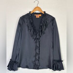 Tory Burch Silk Ruffle Blouse Navy Feminine Luxury Top Sz 12